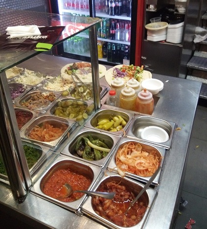 Salad bar at Moshiko kebab shop in Jerusalem