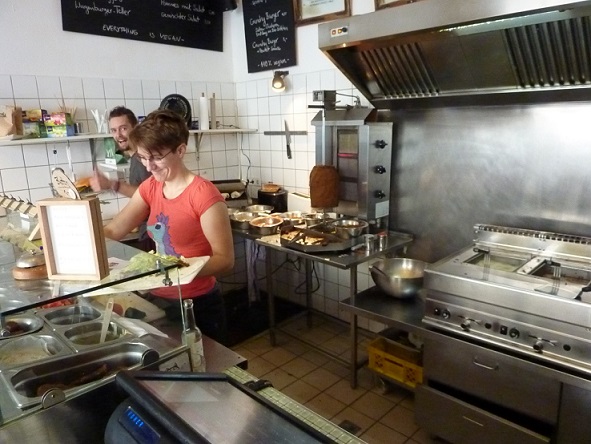 Alex and Ceilidh hard at work creating the magic of the Vegan kebab.